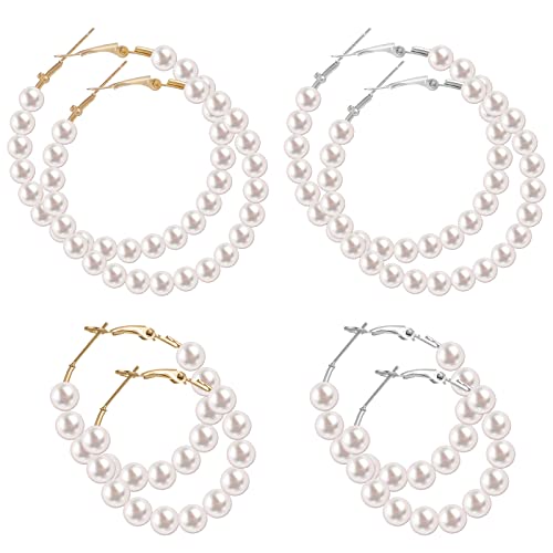 4 Paar Ohrringe mit Perlen - Damen Creolen - Offen Große Runde Perlen Creolen - Kunstperlen - Schmuck Geschenke