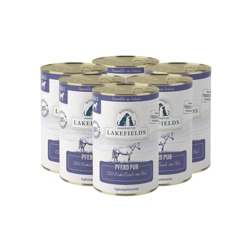 Lakefields Premium Hundefutter Nass Pferd pur 100% 6 x 400g Reines Muskelfleisch Pferdefleisch aus artgerechter Tierhaltung Hypoallergenes Nassfutter für Hunde Regional Getreidefrei