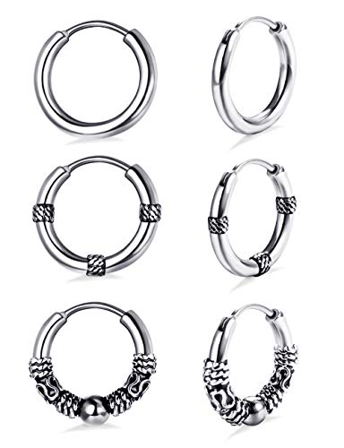 LOLIAS 3Paare Edelstahl Creolen Ohrringe für Damen Herren Punk Black Ohrringe Knorpel Ohrringe Huggie Ohrringe Unisex Silber-Ton 14MM