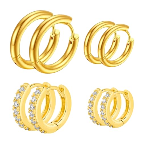 AUNEK Kleine Huggie Creolen für Damen und Herren Leichte Dünne Mini Creolen Zarte Knorpelohrringe für Mehrere Piercings Alltagsschmuck Geschenkset 4 Paar