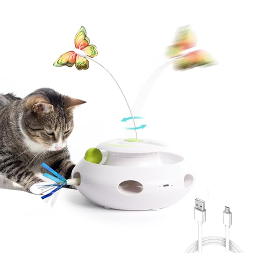 ALL FOR PAWS 3 in 1 Interaktives Katzen-Schmetterling-Flatterspielzeug mit rollenden Bällen zufälliges Federspielzeug automatisches Kätzchen-Spinner-Spielzeug für Indoor-Katzen