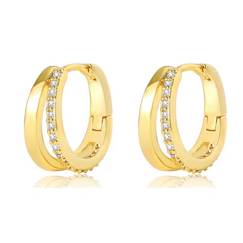 Ohrringe Gold für Damen Doppel Creolen Hypoallergene Chirurgenstahl 10mm Mini Wasserfeste Goldene Kleine Huggie-Creolen Nickelfreie Ohrringe mit Zirkonia Leichte Schmuck Geschenke