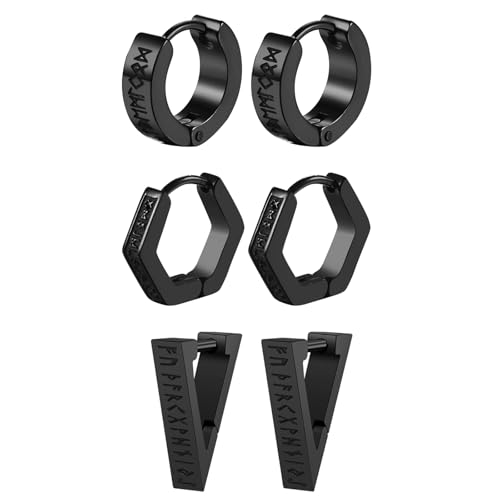 JewelryWe 3 Paar Wikinger Ohrringe Herren Schwarz Edelstahl Huggie Creolen mit Runen Geometrische Dreieck Sechseck Hexagon Kleine Ohrringe Nordisch Wikinger Schmuck Geschenk für Männer Frauen