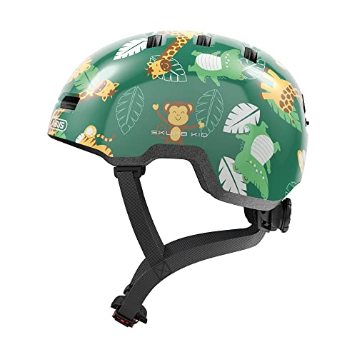 ABUS Kinderhelm Skurb Kid - robuster Fahrradhelm im Skater-Look mit Platz für einen Zopf und vielfältigen Designs - für Mädchen und Jungen - Grün mit Junglemuster Größe M