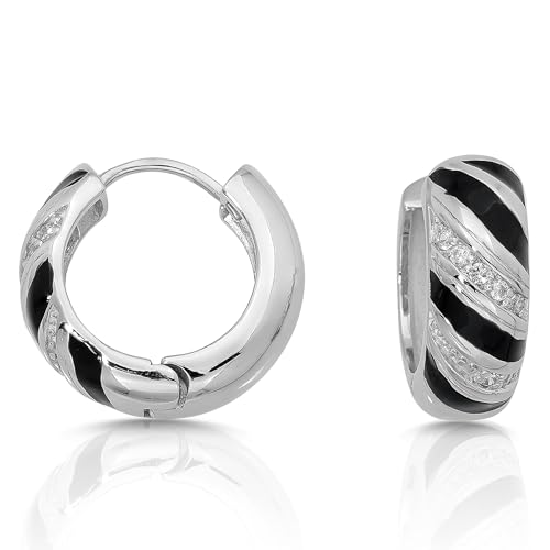 Cassini Creolen mit Zirkonia-Kristallen elegante Damenohrringe breite Creolen mit schwarzen Streifen ca. 20 mm 3CSJ