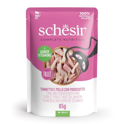 Schesir Thunfisch und Huhn mit Schinken in Gelee vollständiges Nassfutter für Katzen im Beutel 100 % natürliche Zutaten Cruelty Free 12 85 g
