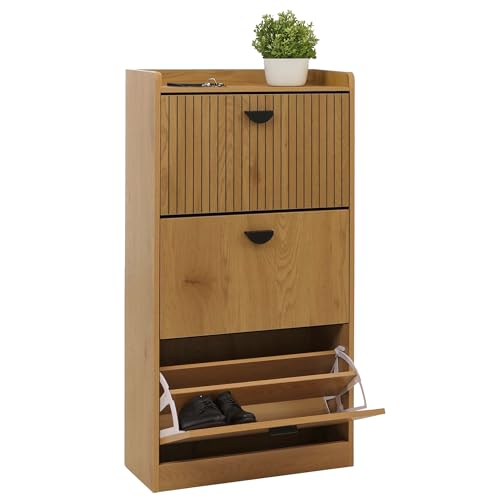 Mendler Schuhschrank HWC-O39 Schuhkipper Schuhregal 3 Klappen Klappfächer MDF Melamin Metall 117x60x24cm - Natur