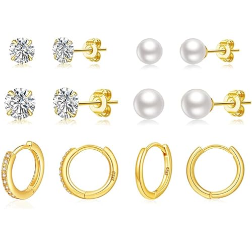 LOUMILEO 6 Paar Perlenohrringe Set Hypoallergene Perlen Ohrringe Goldene 14K Vergoldet Huggie Creolen für Damen und Herren