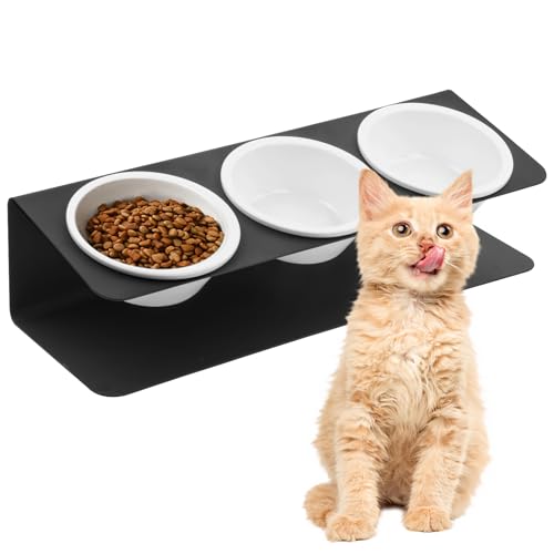 Katzennapf Erhöht 3er Set Futternapf Katze mit Ständer 15 Gekippt Hundenapf Keramik 250ml Fressnapf Wassernapf Katze Hund Futterstation Katzen Napfset Trocken Nassfutter Anti-Erbrechen Schwarz
