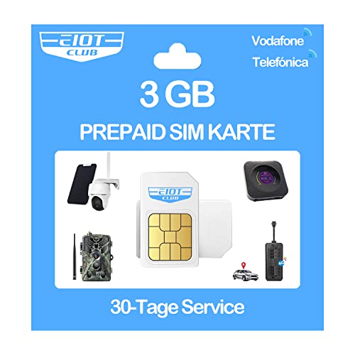 EIOTCLUB Prepaid SIM Karte ohne Vertrag Kompatibel mit Vodafone Telef nica Netz 3GB for 30 Tage nur Daten für LTE Überwachungskamera Wildkamera GPS-Tracker