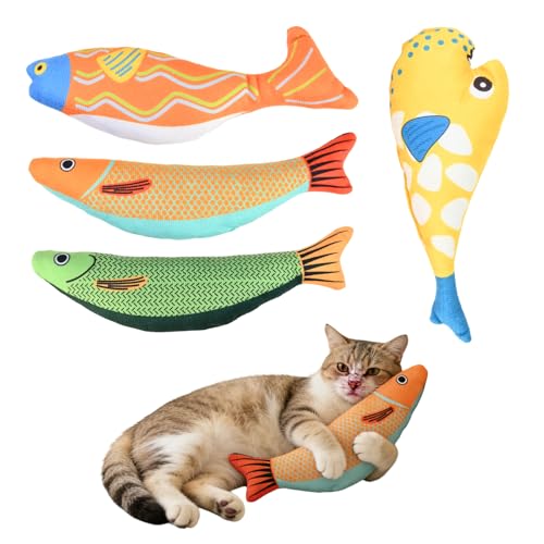 Kaiyzo 4er Set Katzenminze Spielzeug Fisch Plüsch Spielzeug für Katzen mit Katzenminze-Füllung Weiches Kauspielzeug für zahrende Kätzchen