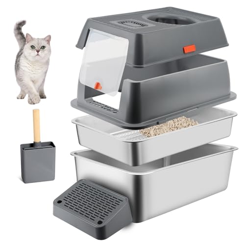 Bartuke Edelstahl Katze Müll Box hochseitige Metall Sieb Müll Tray mit Scoop Müll Matte Nicht klebrig Geruchsfrei einfache Reinigung dunkelgrau
