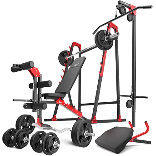 Marbo Sport   Set MH26 verstellbare Hantelbank Langehantelständer Latzug Curl Bank Beintrainer 1x SZ Curlstange 2x Kurzhantelstange 1x Gewichtsscheiben 113 insg. kg