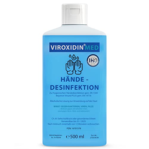 Viroxidin Med Desinfektionsmittel für Hände 500ml - VERGLEICHSSIEGER - Handdesinfektionsmittel gegen Bakterien Viren Pilze für Hygienische Handdesinfektion - Begrenzt Viruzid PLUS gem. EN 14776