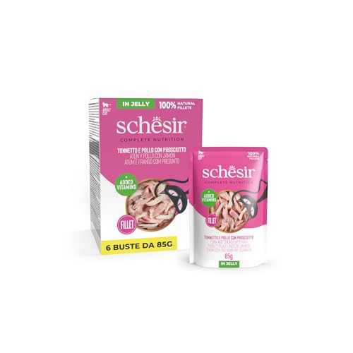 Schesir Thunfisch und Hühnchen mit Schinken in Gelee komplettes Nassfutter für Katzen im Beutel 100% natürliche Inhaltsstoffe tierversuchsfrei 6 x 85 g