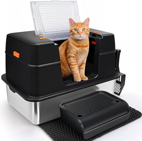 SZEETECH Edelstahl Katzenklo XL Katzentoilette mit Deckel Groß Katzenklo mit hohem Rand Leicht zu Reinigen Halb Voll-Geschlossene Edelstahl Katzenklo mit Deckel 60x40x39 5cm Schwarz