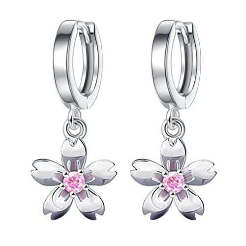 Damen Creolen Silber 925 Blume Anhänger mit Pink Zirkonia Einfach Kirschblüte Ohrringe Nickelfreie Hypoallergen Mädchen Perfekt Geschenk