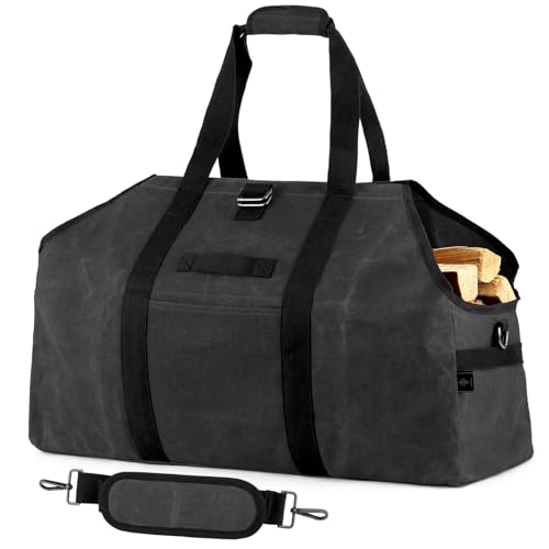 BONTHEE kaminholztasche Kaminholz Holzkorb Tragetasche Brennholztasche Kaminholzträger gewachstes Segeltuch wasserdicht Extra Groß Freistehende Holztragetasche - Dunkelgrau