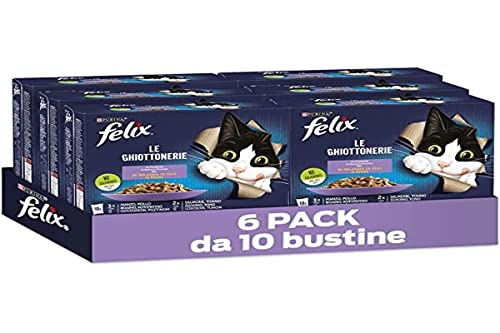 FELIX Le Ghiottonerie Nassfutter Katze für Erwachsene Leckerbissen in Gelee mit Rind und Huhn Lachs und Thunfisch 60 Beutel 85 g
