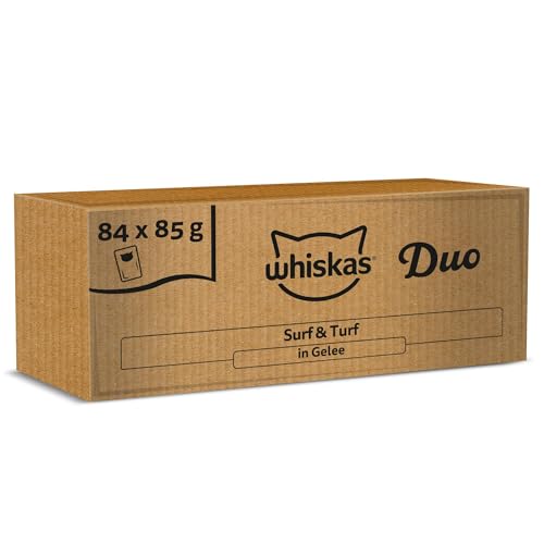 Whiskas Adult 1 Katzennassfutter Tasty Duo Surf Turf in Gelee 84 Portionsbeutel 84x85g 1 Großpackung Hochwertiges Katzenfutter nass für ausgewachsene Katzen