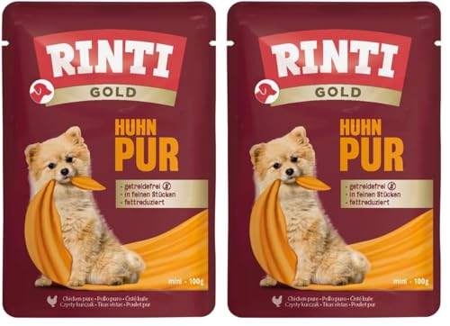 RINTI - Gold Leicht verdauliches Nassfutter für kleine ausgewachsene Hunde. Alleinfutter im Frischebeutel ohne Formfleisch Soja oder künstliche Zusätze 10x100g Huhn Pur Packung mit 2