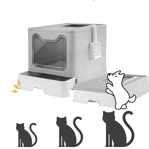 Katzentoilette Faltbar Katzenklo mit Deckel Inklusive Scoop Große Kapazität Leicht zu Reinigen Grau