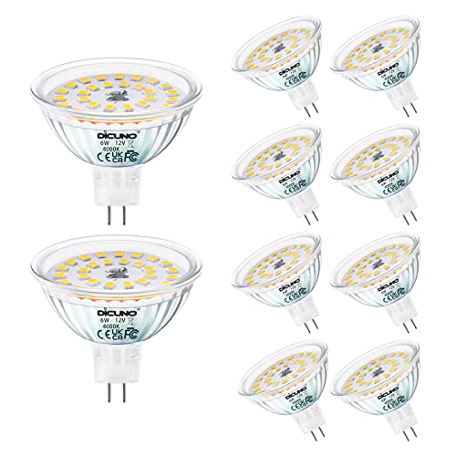 DiCUNO GU5.3 LED Neutralweiß 6W MR16 LED Lampe ersetzt 60-70W Halogen 4000K 580lm 12V DC Reflektorlampen 120 Abstrahlwinkel für Einbauleuchter Nicht dimmbar Kein Flackern 10er Pack