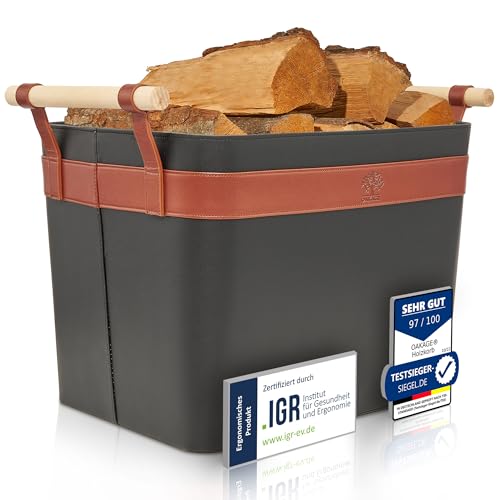 OAKAGE Holzkorb für Kaminholz Groß aus veganem Leder Kaminholzkorb Feuerholzkorb Brennholzkorb Kaminkorb Korb Single