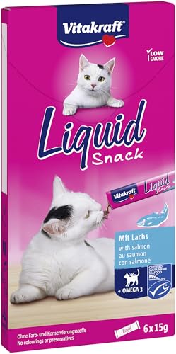 Vitakraft Liquid Leckerli Katzensnack cremig Lachs Omega 3 Fettsäuren in einzelnen Sachets für gesunde Haut 1 Paket 6x 15g