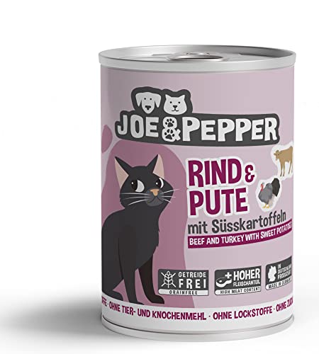 Joe Pepper Rind Pute 6 x 400g Getreidefreies Nassfutter für Katzen Hoher Fleischanteil Keine künstlichen Zutaten mit Taurin