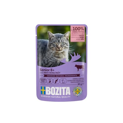Bozita Nassfutter Senior 8 Häppchen in Sauce mit Rind - 12x85g Portionsbeutel getreidefreies weizenfreies Futter für Katzen - Katzen Nassfutter mit 8 5% Protein 4 5% Fettgehalt