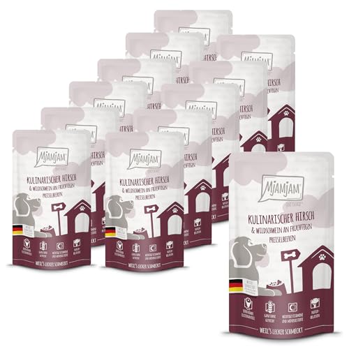 MjAMjAM - Premium Nassfutter für Hunde - Quetschie - kulinarischer Hirsch Wildschwein an fruchtigen Preiselbeeren 12er Pack 12 x 125g getreidefrei mit extra viel Fleisch