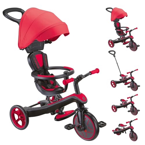 GLOBBER Explorer Trike 4in1 Pro in Rot Laufrad und Kinderwagen in 10 8 5 Zoll TPR Sitz höhenverstellbares Kinderfahrzeug