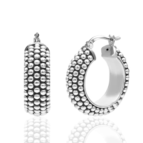 LeCalla Sterling Silber Schmuck oxidiert leichtes Gewicht Click-Top texturierte Perlen Antik Creolen für Frauen 20mm