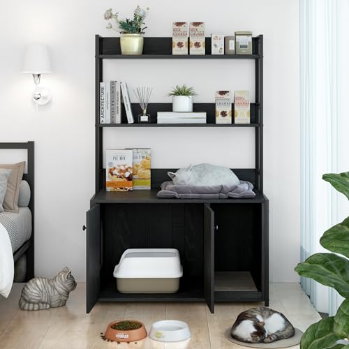 HAUSPROFI Katzenklo Schrank 3-in-1 Katzenhaus mit 3 Offenem Regal Kratzunterlage und Tür Katzenschrank für Katzen Haustier 132x90x45cm Schwarz 132x90x45cm