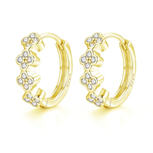 Zolkamery Creolen Silber 925 Klein 925 Sterling Silber Kleeblatt Creolen Ohrringe für Damen Mädchen Kinder Gold Hypoallergene Kreolen mit Zirkonia Schlafen Klappcreolen Ohrringe Geschenk mit Box
