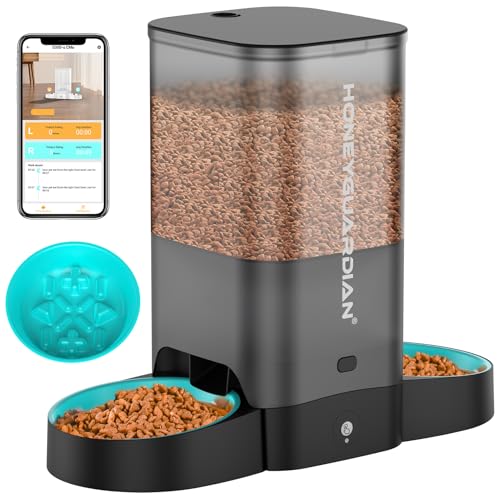 HoneyGuaridan Futterautomat Katze 2 Näpfe 2.4G WiFi Intelligenter Katzen Futterautomaten mit APP-Steuerung für Fernfütterung 5L Programmierbar Futterspender für Katzen Hunde Langsamer Futternapf