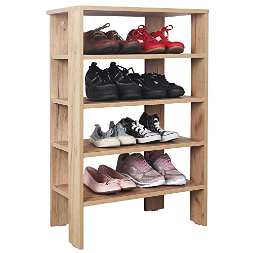 RICOO Schuhregal platzsparend WM040-EG Shoe Rack Schuhschrank mit 4 Ebenen hoch Schuh Regal Holz Schuhständer Standregal Flur Schuhablagen Eiche-Gold