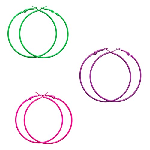 3 Paare Ohrringe Rund Creolen Groß Creolen Pink Ohrringe Pink Ohrringe80er Jahre Damen für Party Hochzeitsfeier 60 MM für Mädchen Neon Accessoires Damen 80er Jahre Accessoires Karnevalsohrringe