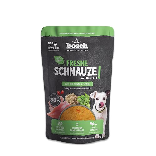 Bosch Freshe Schnauze Pute mit Quinoa und Spinat 1 x 250 g Schonend Dampfgegartes Nassfutter für Hunde Vollwertiges Alleinfuttermittel mit hohem Fleischgehalt 250 g Hundenassfutter