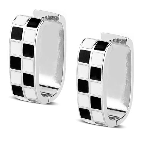 2stk Karierte Creolen Zierliche Klobige Schwarz-Weiß Karierte Ovale Creolen Modisches Vintage Schmuck Accessoire für Damen Silber