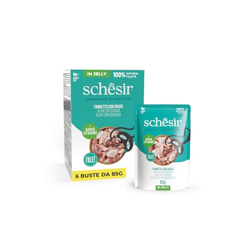Schesir Thunfisch mit Goldbrasse in Gelee komplettes Nassfutter für Katzen im Beutel 100% natürliche Inhaltsstoffe tierversuchsfrei 6 x 85 g