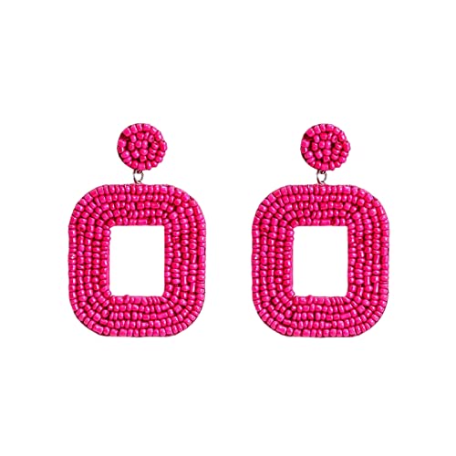 Silber Ohrringe Damen 925 Perlen-Tropfen-Ohrringe Handgemachte Rocailles-Herz-Creolen-Ohrringe -Aussage-Ohrring- für Frauen-Mädchen Kupfer Ohrringe Damen Hot Pink One Size