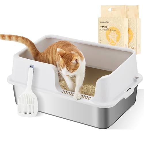 FUKUMARU Katzenklo Edelstahl XXL Hohe Seitenwände Katzentoilette 30L Große Kapazität Auslaufsicher mit Zwei Beuteln Katzenstreu Nicht-Haftend Einfache Reinigung Inklusive Schaufel 60x40x30cm