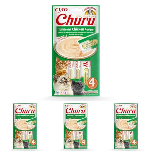 INABA Churu Püree - Katzenleckerlis zum Füttern aus der Hand Köstliche Katzensnacks zum Schlecken Leckerchen in Handlichen Portionen Thunfisch Huhn - 1 Pack 4x14g Katzenfutter Packung mit 4