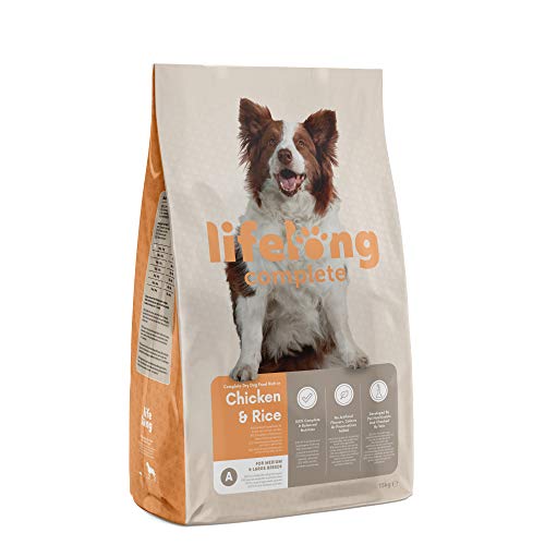 Amazon-Marke Lifelong - Hundefutter für ausgewachsene Hunde Adult aller Rassen Fein zubereitetes Trockenfutter reich an Huhn und Reis 15 kg 1er-Pack