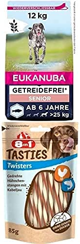 Eukanuba Senior Hundefutter getreidefrei mit Fisch fÃ¼r groÃŸe Rassen 12 kg 8in1 Tasties Twisters Snack-Stangen - glutenfreie Leckerlis mit Kabeljau HÃ¤hnchenbrust 85 g