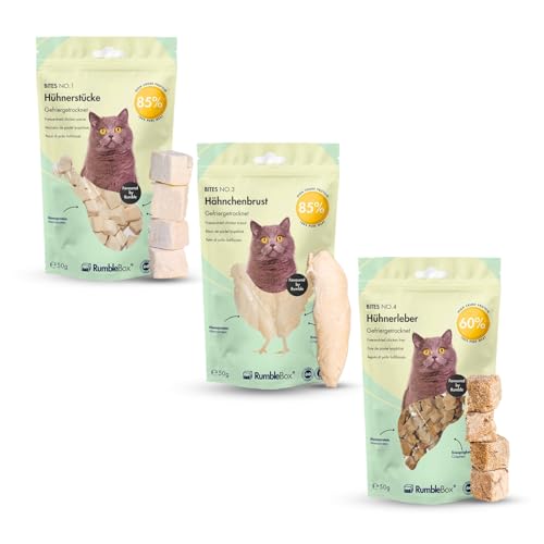 RumbleBox Katzen leckerlies Sparbox Premium 100% Huhn Gefriergetrocknete Katzensnacks 3x50g