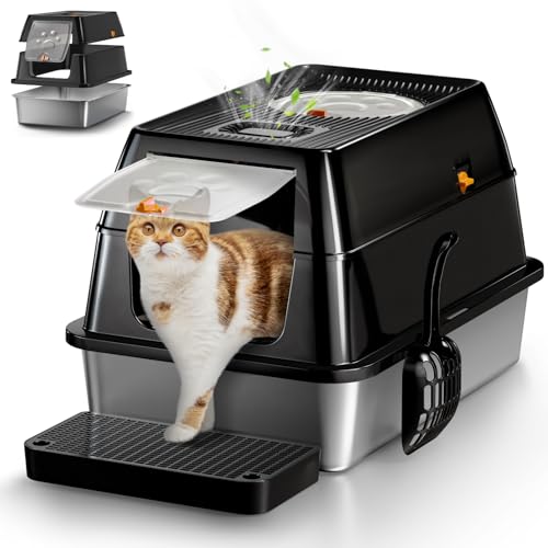XXL Edelstahl Katzenklo geruchsfrei mit Deckel große Katzentoilette aus Edelstahl Geschlossen Katzenklo Katzen WC auslaufsicher und leicht zu reinigen - Schwarz