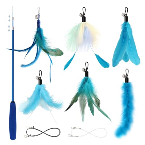 SONGWAY Interaktives Katzenspielzeug Angel mit Feder Einziehbarer Katzenangel lang Katzenspielzeug Set mit 6 Katzenangel Ersatzfedern Anhänger Feder Glocke für Kätzchen und Katzen Blau